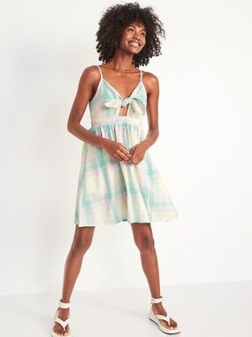 Old Navy Linen Blend Pastel Plaid Tie-Front Mini Spring Dress Coastal Cowgirl